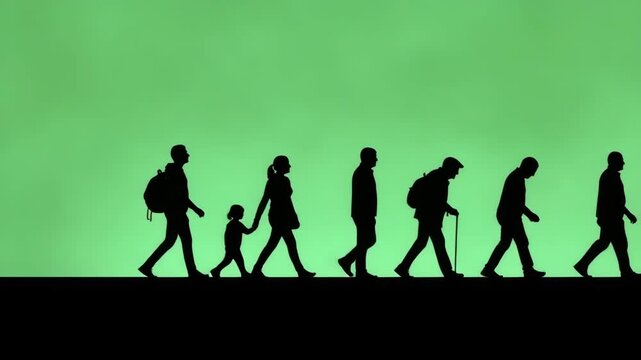 Human Migration: Silhouette of People Walking Across the Screen Representing Refugee Crisis or Travel.
