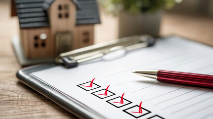 Effective home inspection checklist essential concept. Home checklist with a miniature house and red pen on clipboard.