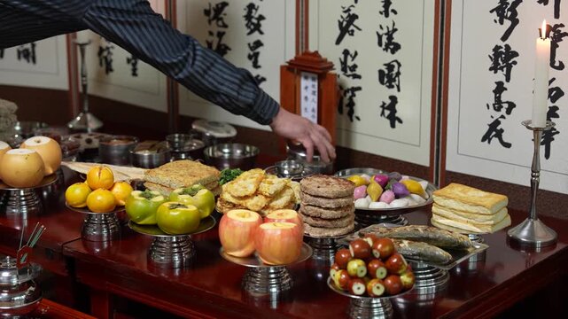 Traditional Chuseok Ancestral Rite Table (Charye) in South Korea