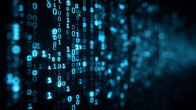 Dynamic digital stream of glowing blue binary code flows through abstract futuristic technology landscape
