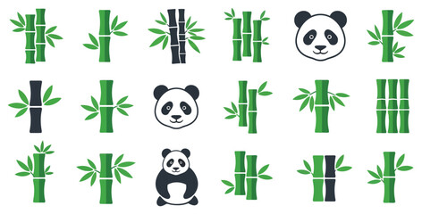 Collection of stylized panda bears and bamboo stalks in various arrangements and designs