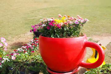 Colorful flowers blooming in a giant red coffee cup planter in the garden