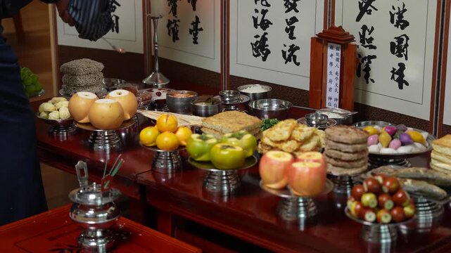 Traditional Chuseok Ancestral Rite Table (Charye) in South Korea