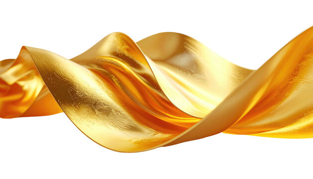 Fototapeta Golden, flowing fabric gently curves on a dark background
