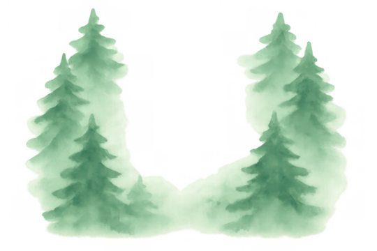 Watercolor forest border with green pine trees creating a natural frame, transparent background