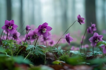 Purple hellebore Helleborus orientalis wildflowers in spring forest