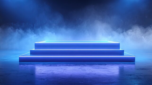 Stunning neon-lit podium awaits your product launch or award ceremony amidst atmospheric blue smoke and reflections