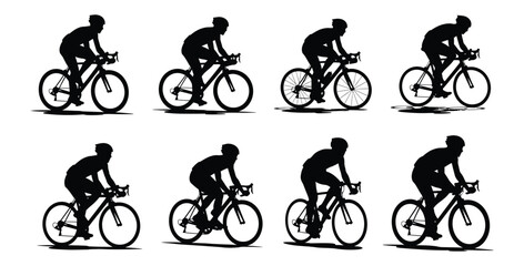Fototapeta premium Cyclists in silhouette riding road bikes in a race or training session on white background