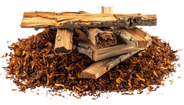 Wood pile atop scattered tobacco, isolated on a black background