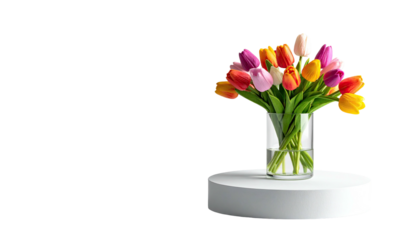Colorful tulips in vase atop a white pedestal, against black