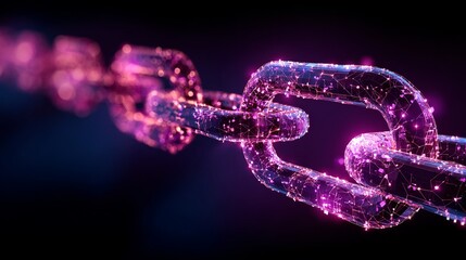 Fototapeta premium Securely connected digital chain links sparkle with vibrant data nodes, symbolizing futuristic technology and unbreakable global networks