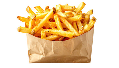 Golden fries fill a brown paper bag. Ready to eat