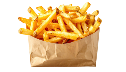 Golden fries fill a brown paper bag. Ready to eat