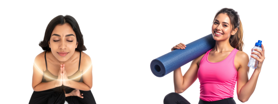 Top-Down Angle of Indian Woman in Zen Meditation Pose, Surrounded by Soft Aura Light Smiling Yoga Woman Standing with Rolled Mat and Water Bottle, Front View, Isolated