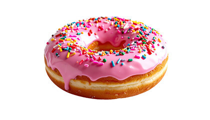 Pink glazed doughnut with rainbow sprinkles on black background