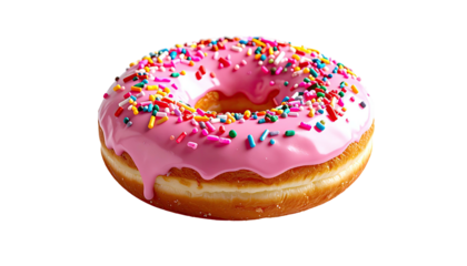 Pink glazed doughnut with rainbow sprinkles on black background