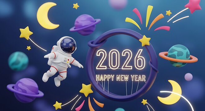 Blast off into 2026 with this vibrant, futuristic New Year celebration featuring a playful astronaut exploring a cosmic wonderland of planets and stars