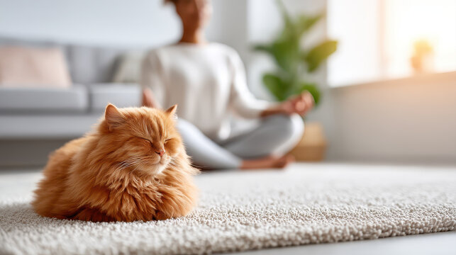 Serene cat rests peacefully on soft rug while person practices meditation in bright, cozy room filled with natural light. atmosphere promotes relaxation and tranquility