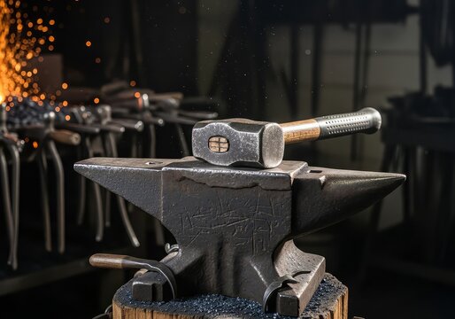 A blacksmith's anvil with a hammer resting on top and sparks flying in the background in a workshop setting