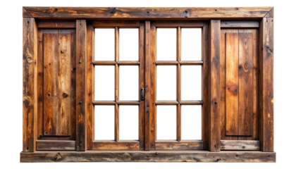 Wooden window, panes, side panels, rustic texture, dark frame