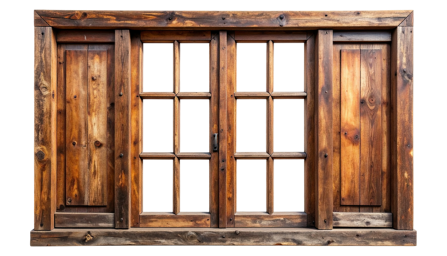 Wooden window, panes, side panels, rustic texture, dark frame