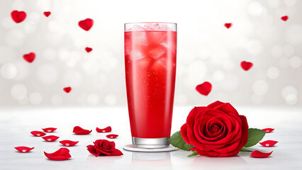 Refreshing red cocktail with ice surrounded by rose petals and floating hearts for valentine s day