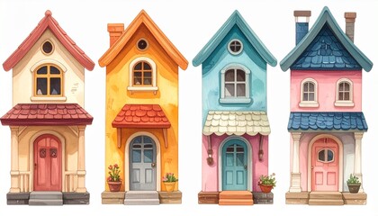 Four charming miniature houses in pink, blue, and yellow with distinct roofs and details &mdash; playful, vibrant, and toy-like neighborhood scene.