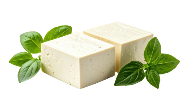 Two tofu cubes flanked by fresh basil leaves on black background