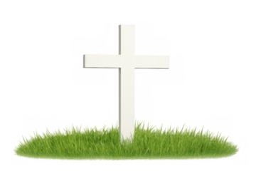 White christian cross standing on a patch of green grass symbolizing faith, remembrance, death, and resurrection