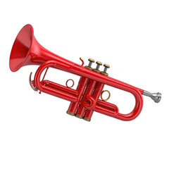 Shiny, red trumpet with valves, floating on black