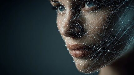 Intriguing digital mesh overlaying a human face, symbolizing advanced technology and data connections in a modern world.