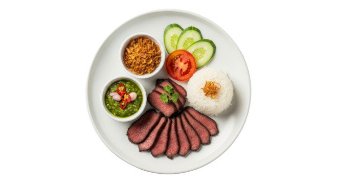 Overhead view of Indonesian Se'i plate with sliced meat and accompaniments