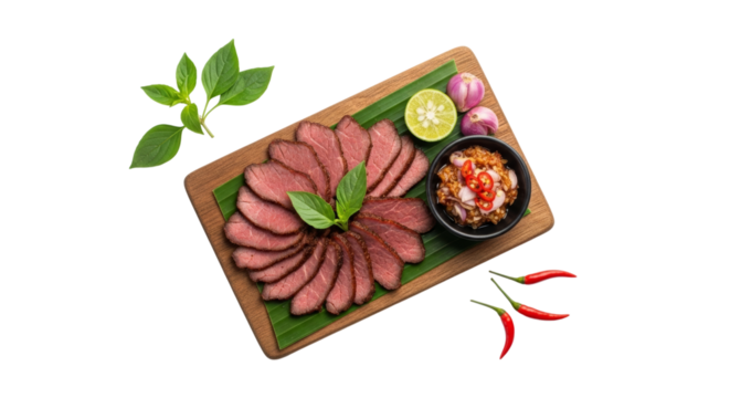 Overhead shot of appetizing Indonesian Se'i platter with fresh herbs and spices