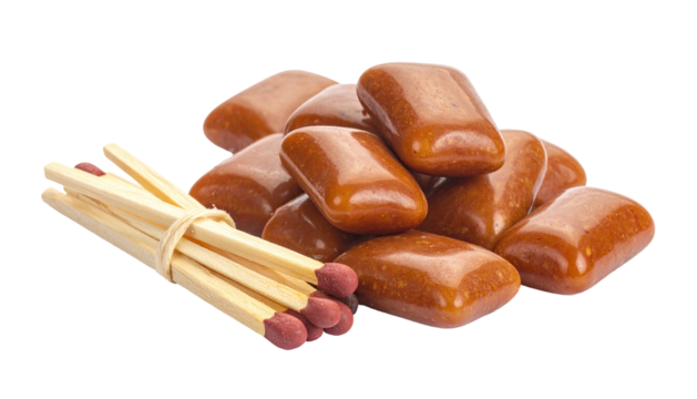 Glossy brown gums pile beside a bundle of wooden matches