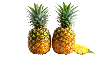 Two ripe pineapples; slice on bottom right against black ground