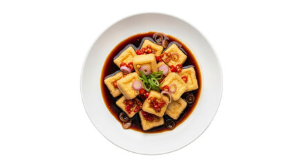 Overhead Presentation of Indonesian Tahu Gejrot in White Bowl with Soy Sauce