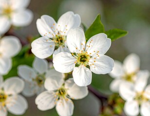 Obraz premium Close-up of delicate white blossoms on a branch, some in focus, others blurred. Green leaves provide a soft backdrop