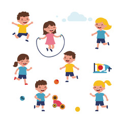 Fototapeta premium Illustrative artwork of children playing Some are running jumping rope or with toys Includes balls and a thought bubble