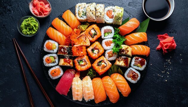 A vibrant and artfully arranged platter of assorted sushi and sashimi, including nigiri, maki rolls, and tempura, served with pickled ginger, wasabi, and soy sa