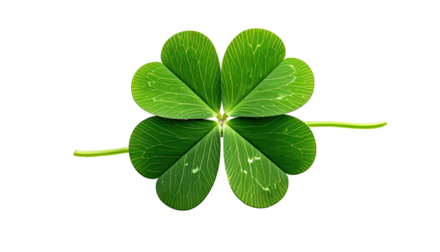 Four-leaf clover, green leaves with visible veins, on black