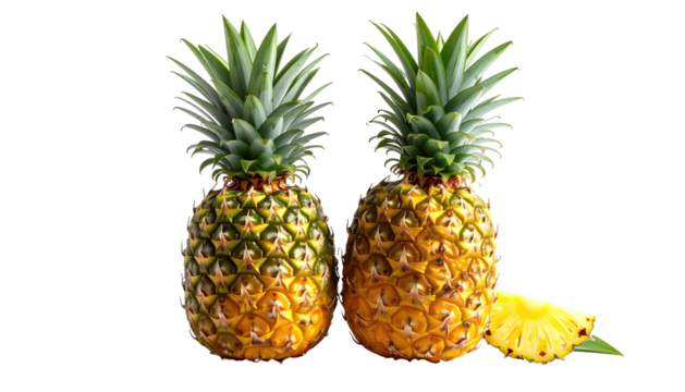 Two ripe pineapples; slice on bottom right against black ground
