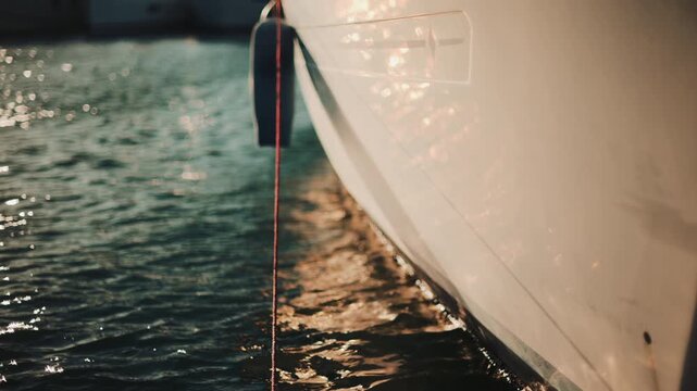 Golden sunlight shimmering on the side of a yacht floating on calm water