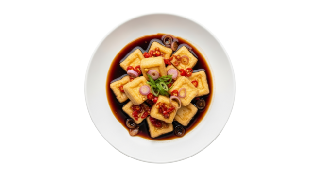 Overhead Presentation of Indonesian Tahu Gejrot in White Bowl with Soy Sauce