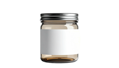 Amber jar with blank label, silver lid against black backdrop