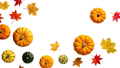 Pumpkins and autumnal leaves scatter on a black backdrop