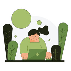 Vector illustration of a woman working on a laptop for Remote work or online education concept