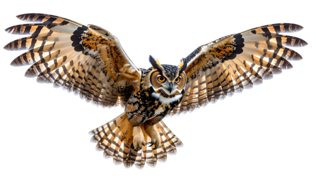 Owl soars; dark feathers contrast sharp, clear, yellow eyes