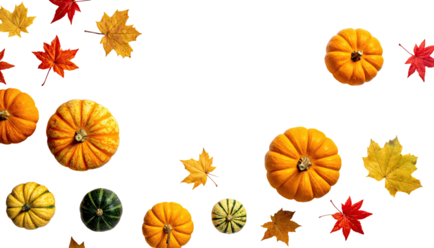 Pumpkins and autumnal leaves scatter on a black backdrop