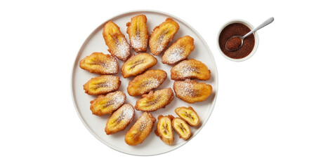 Overhead arrangement of golden pisang goreng sprinkled with powdered sugar delight