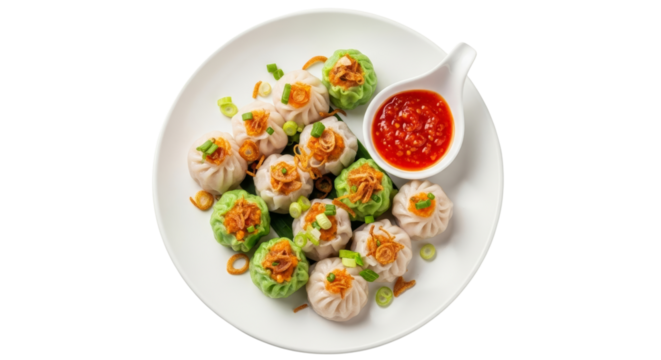 Overhead arrangement of delightful indonesian chai kue dumplings with spicy chili sauce